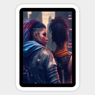 Futuristic Cyberpunk Lesbian Lovers Embrace in Emotional Portrait Sticker